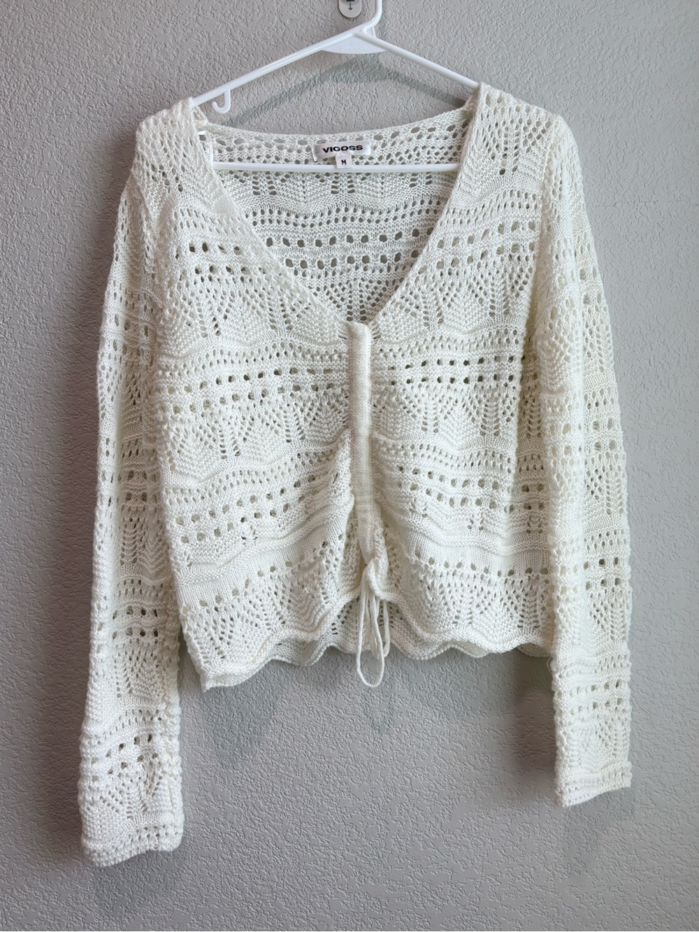 Vigoss Pointelle Coastal Crochet Sweater Drawstring Front Cream White Medium